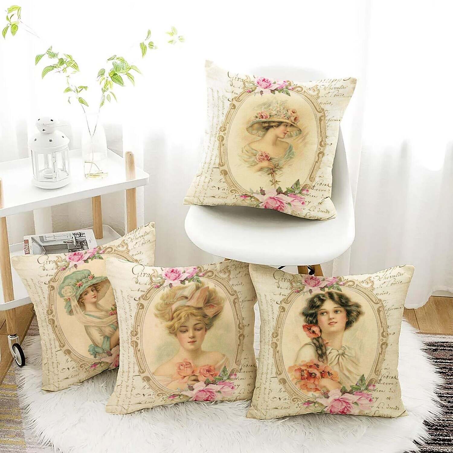 Vintage Portrait Double Side Pillow Cover 4PC Victorian Pillowcase