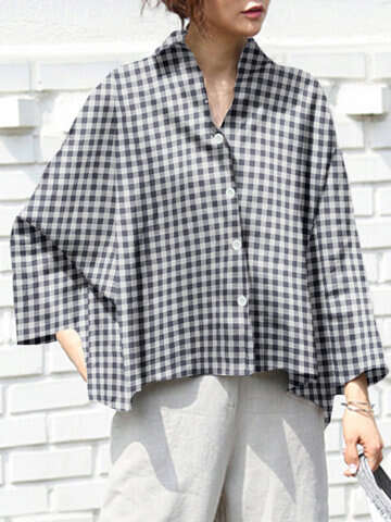 Women Blouses & Shirts | Check Print Long Sleeve Lapel Loose Button Down Shirt - SX38971