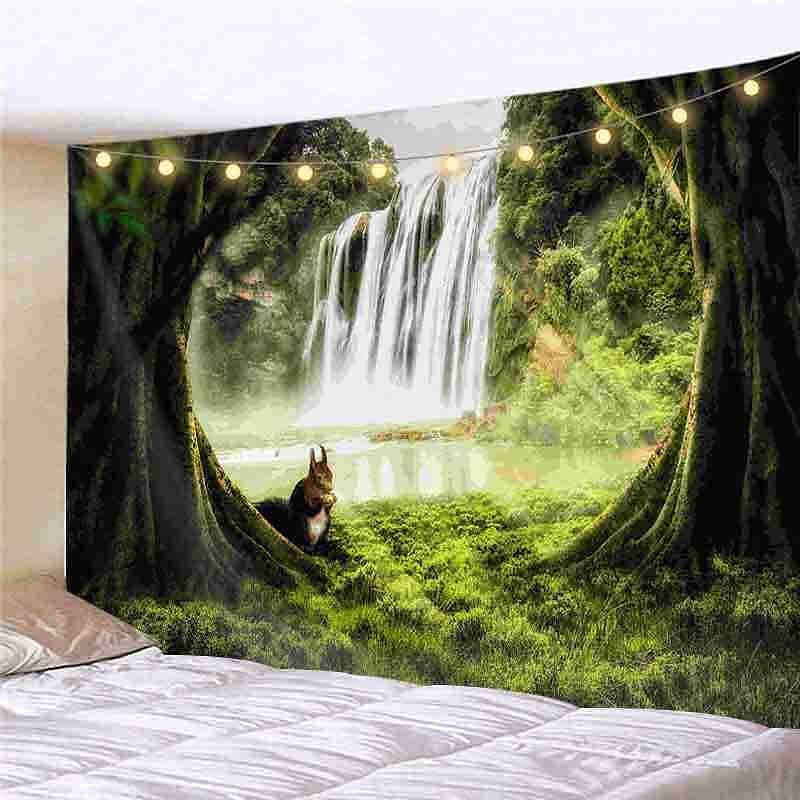 Landscape LED Lights Wall Tapestry Art Decor Forest Waterfall Print