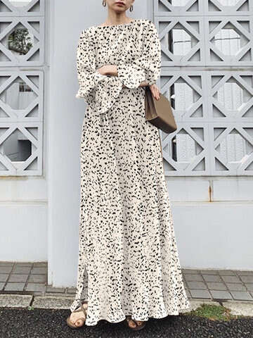 Women Maxi Dresses | Random Allover Print Slit Hem Long Sleeve Maxi Dress - TG23907