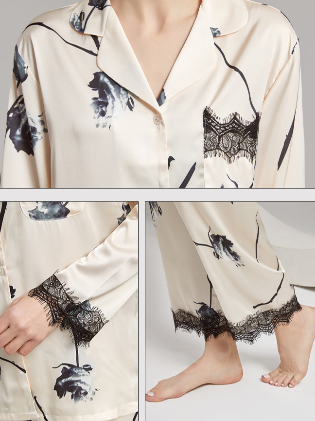 Floral Pattern Casual Loose V Neck Long Sleeve Pajama Set