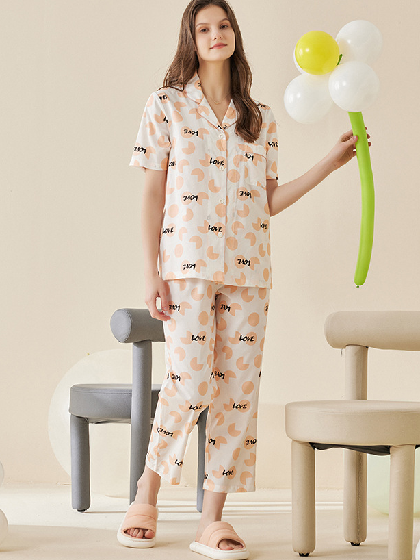 Cotton V Neck Simple Polka Dots Regular Sleeve Pajama Set