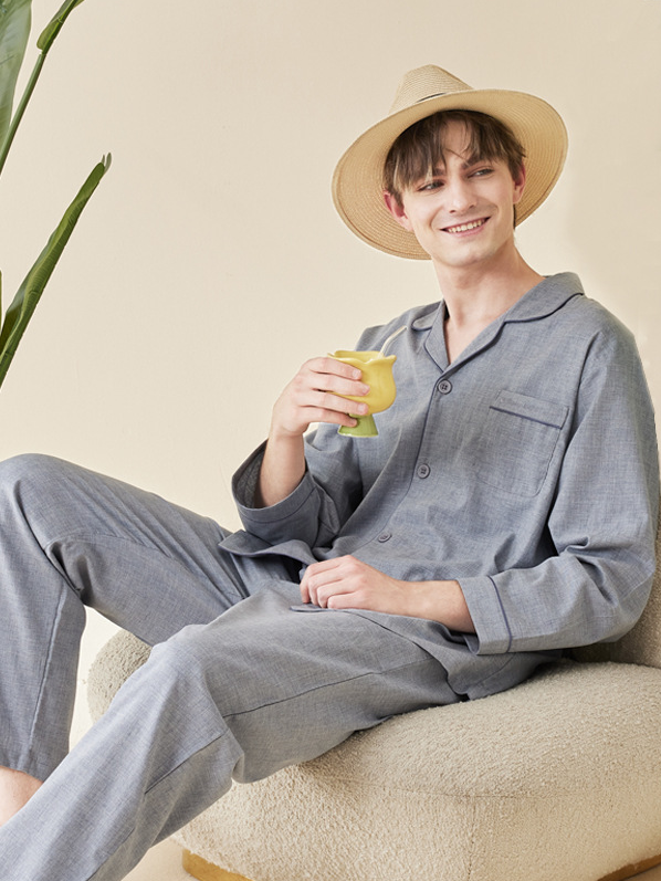 Plain V Neck Simple Cotton Long Sleeve Couple Pajama Set