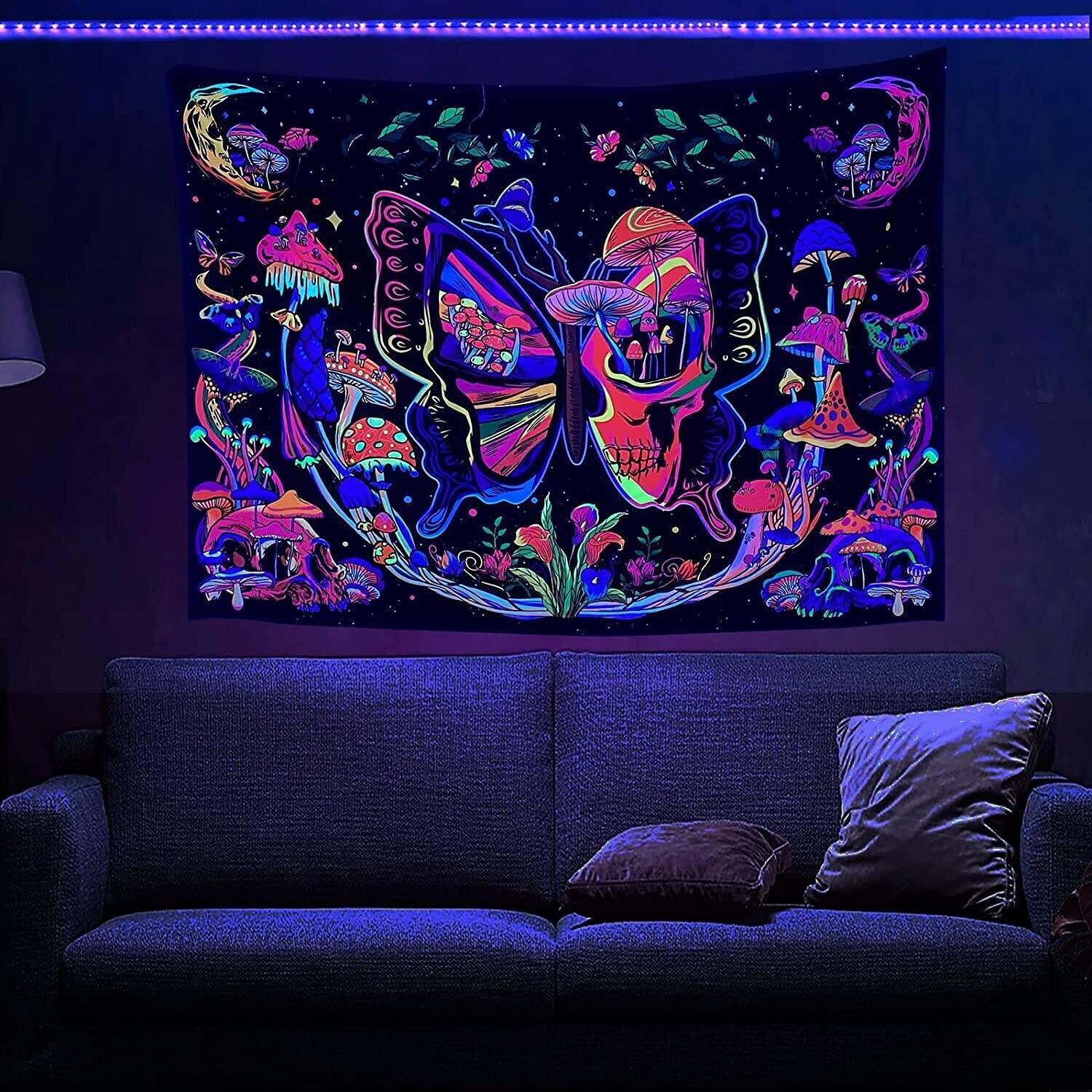 Blacklight Tapestry UV Reactive Trippy Butterfly Mushroom Plants