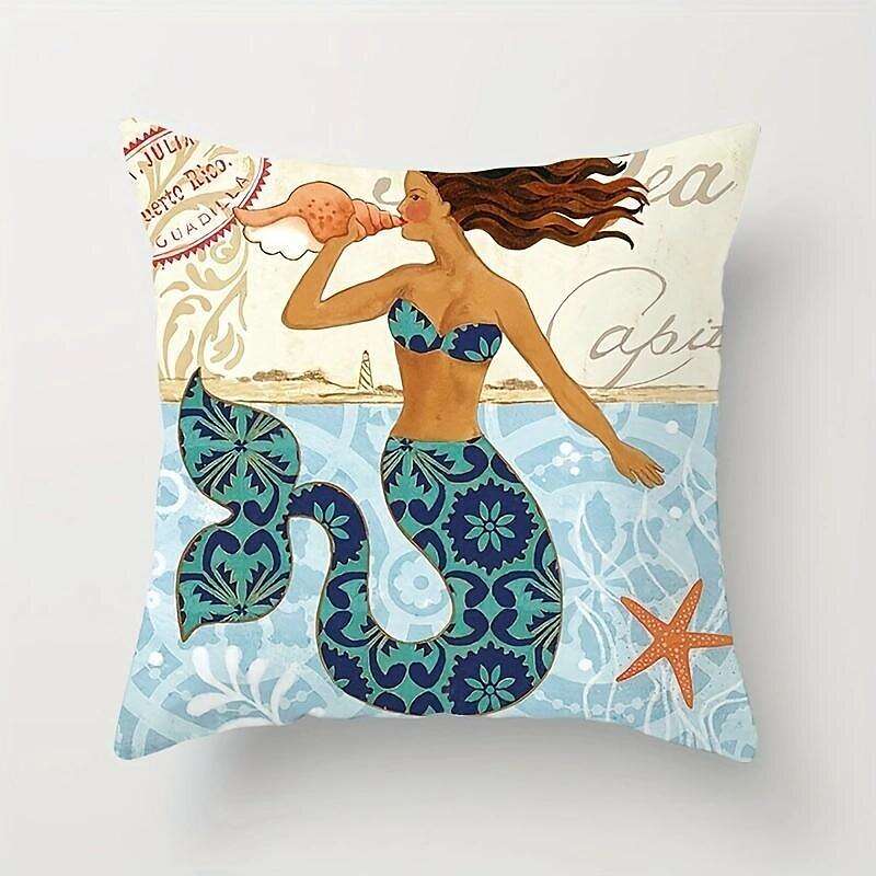 Mermaid Ocean Double Side Pillow Cover 4PC Summer Soft Decorative Square Cushion Case Pillowcase for Bedroom Livingroom Sofa Couch Chair