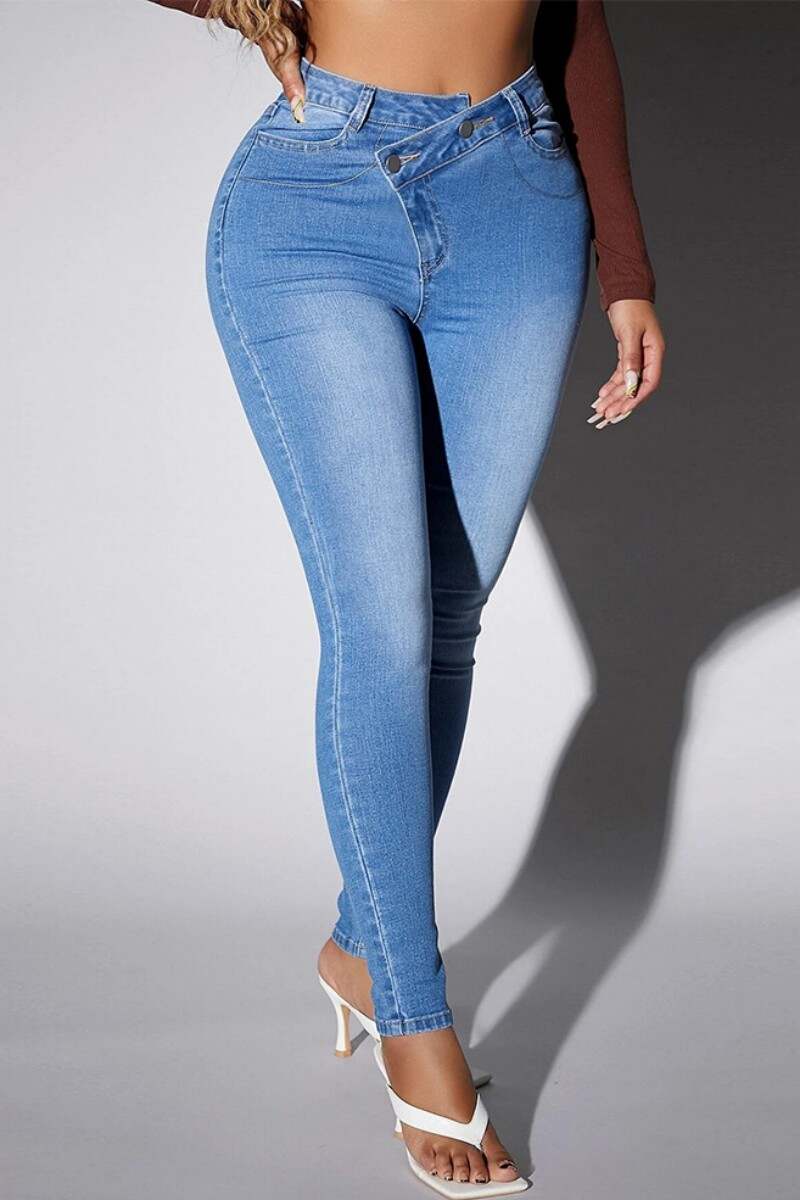 Light Blue Casual Solid Patchwork High Waist Skinny Denim Jeans