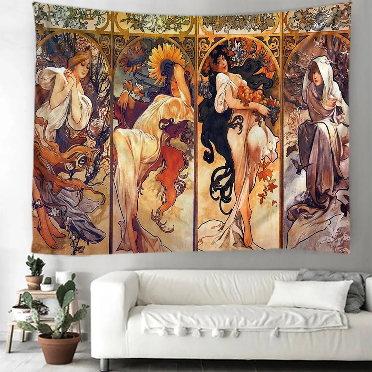 Alphonse Mucha Artwork Four Seasons Painting Tapestry Hanging Wall Art Decor