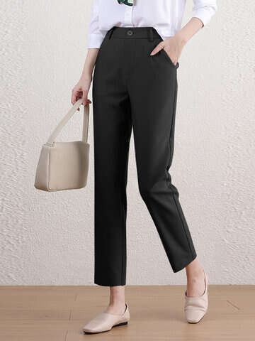 Women Pants & Capris | Solid Pocket Button Zip Tailored Pants For Women - EU24222