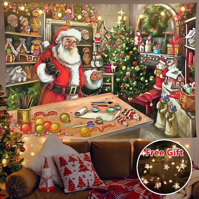 Christmas Decor LED Lights Wall Tapestry Santa Claus Print