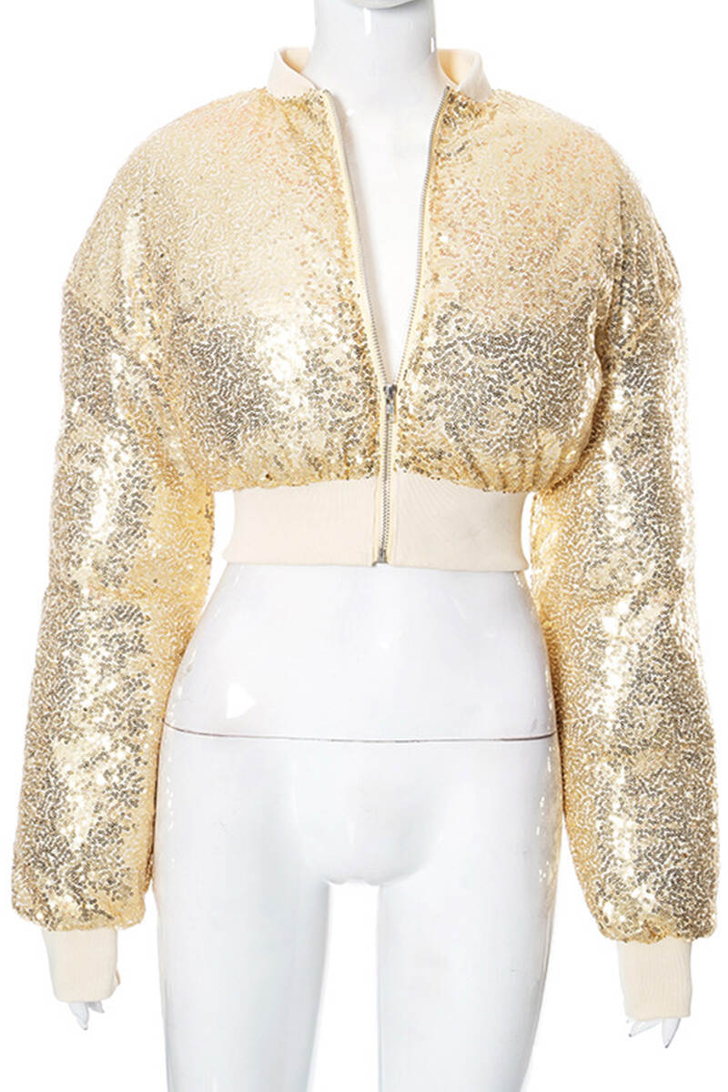 Yellow Street Solid Sequins Patchwork Zipper O Neck Outerwear