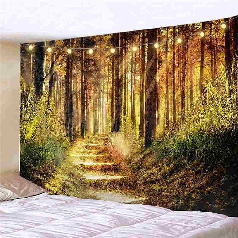 Landscape LED Lights Wall Tapestry Art Decor Forest Sunshine Waterfall Print