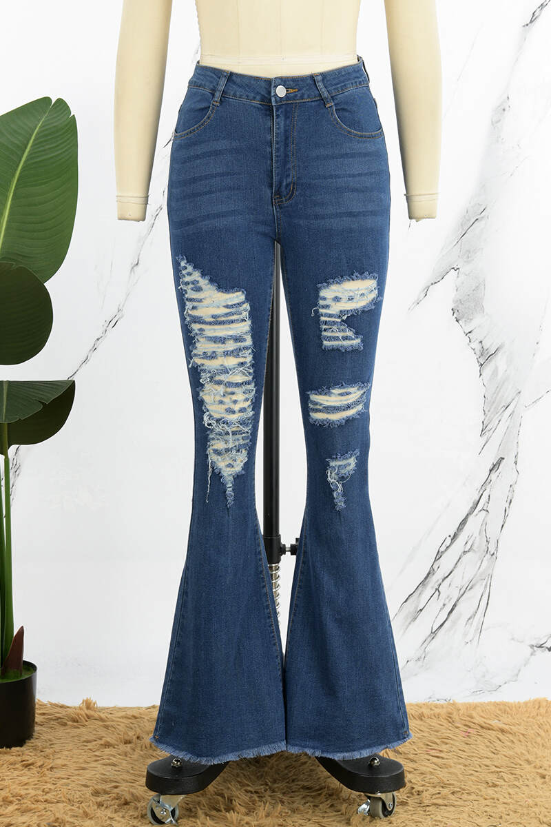 Dark Blue Casual Solid Ripped High Waist Boot Cut Denim Jeans