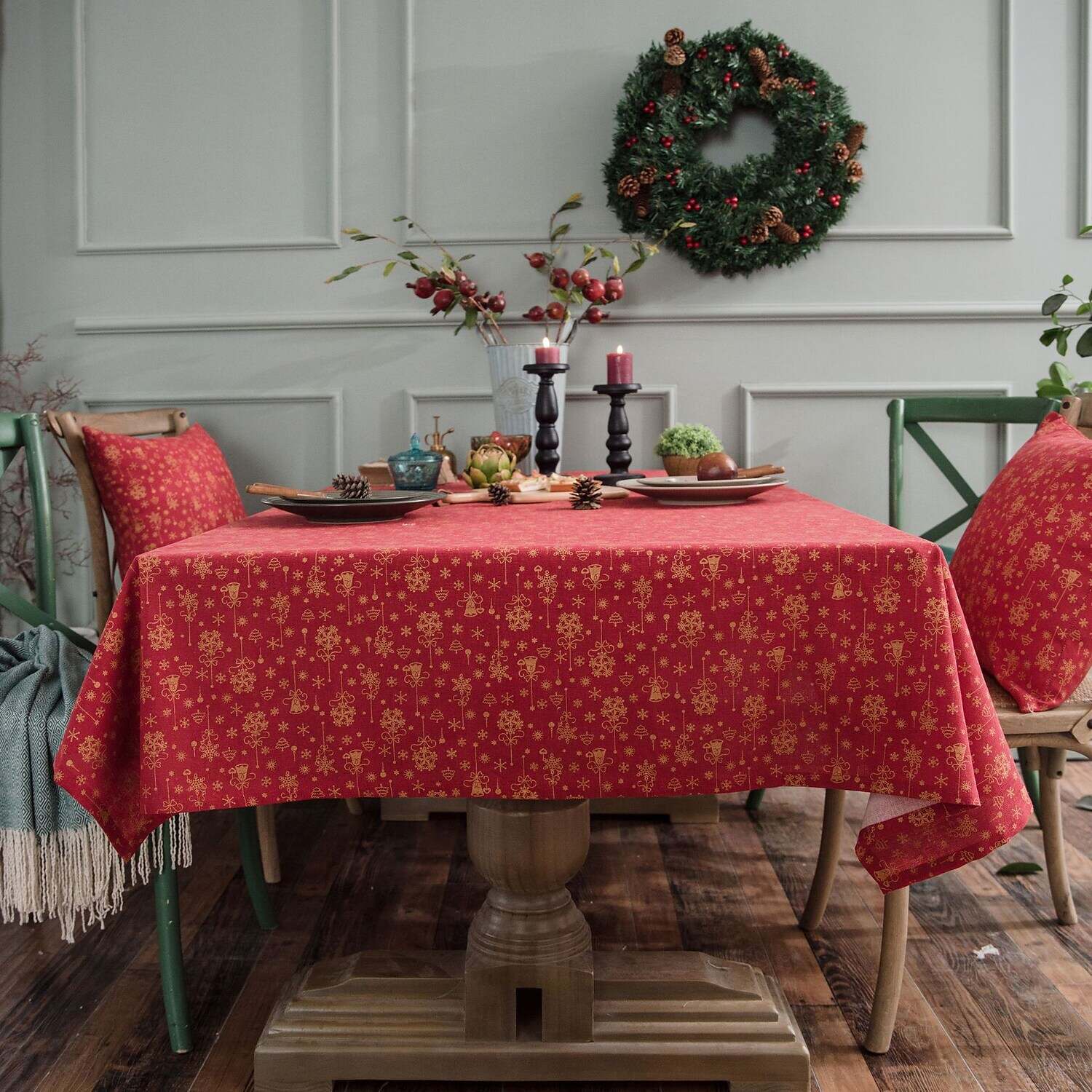 Christmas Snowflake Cotton Linen Rectangle Tablecloth for Kitchen Dining, Party, Holiday, Christmas, Buffet