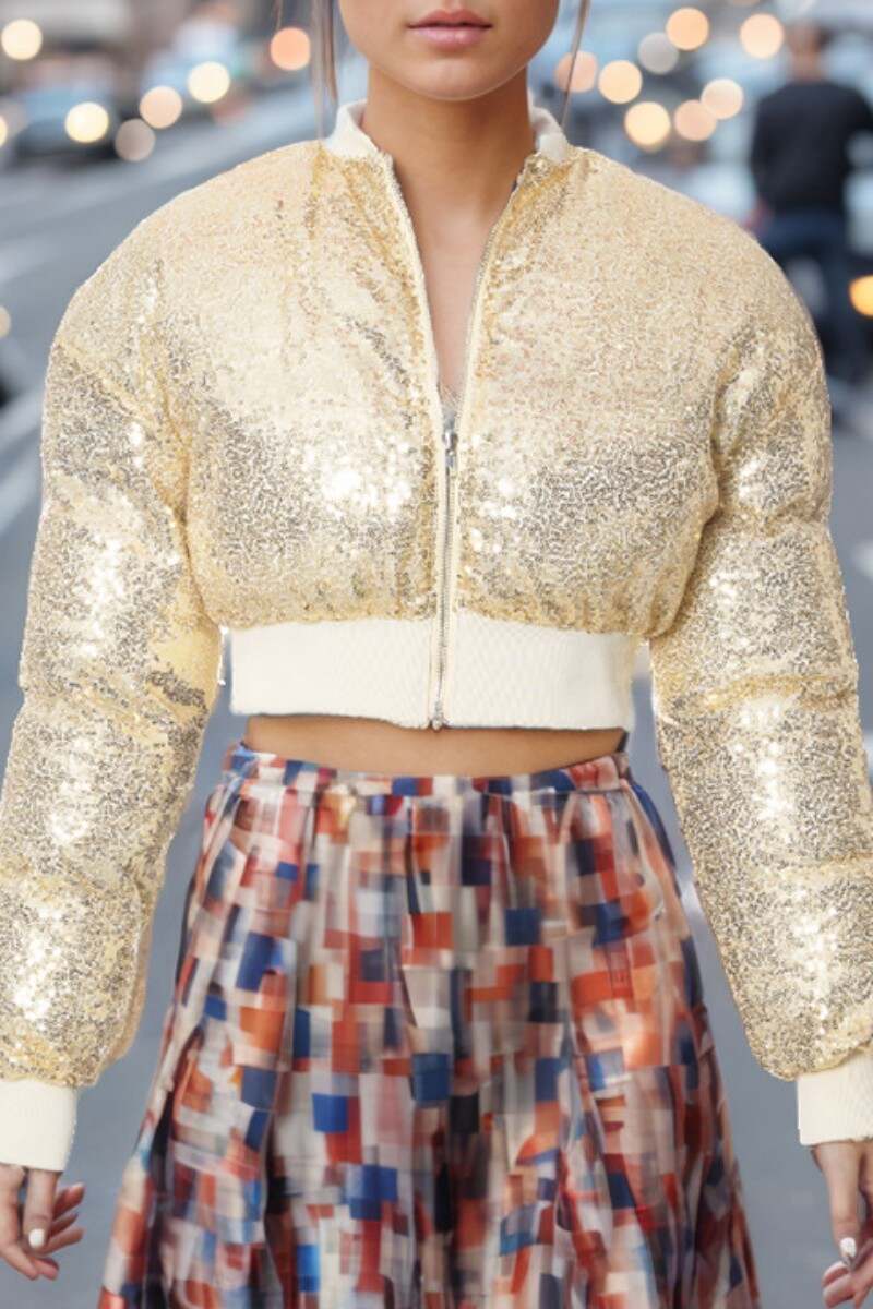 Yellow Casual Patchwork Sequins O Neck Outerwear