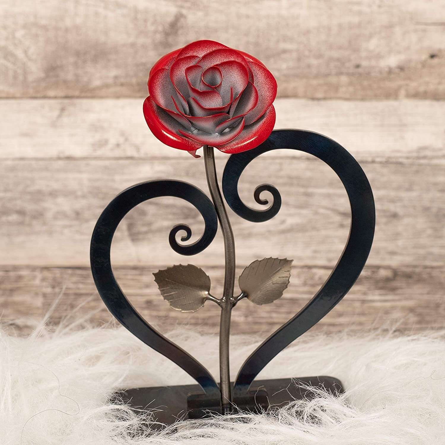 Iron Red Metal Rose with Heart-Shaped Stand
