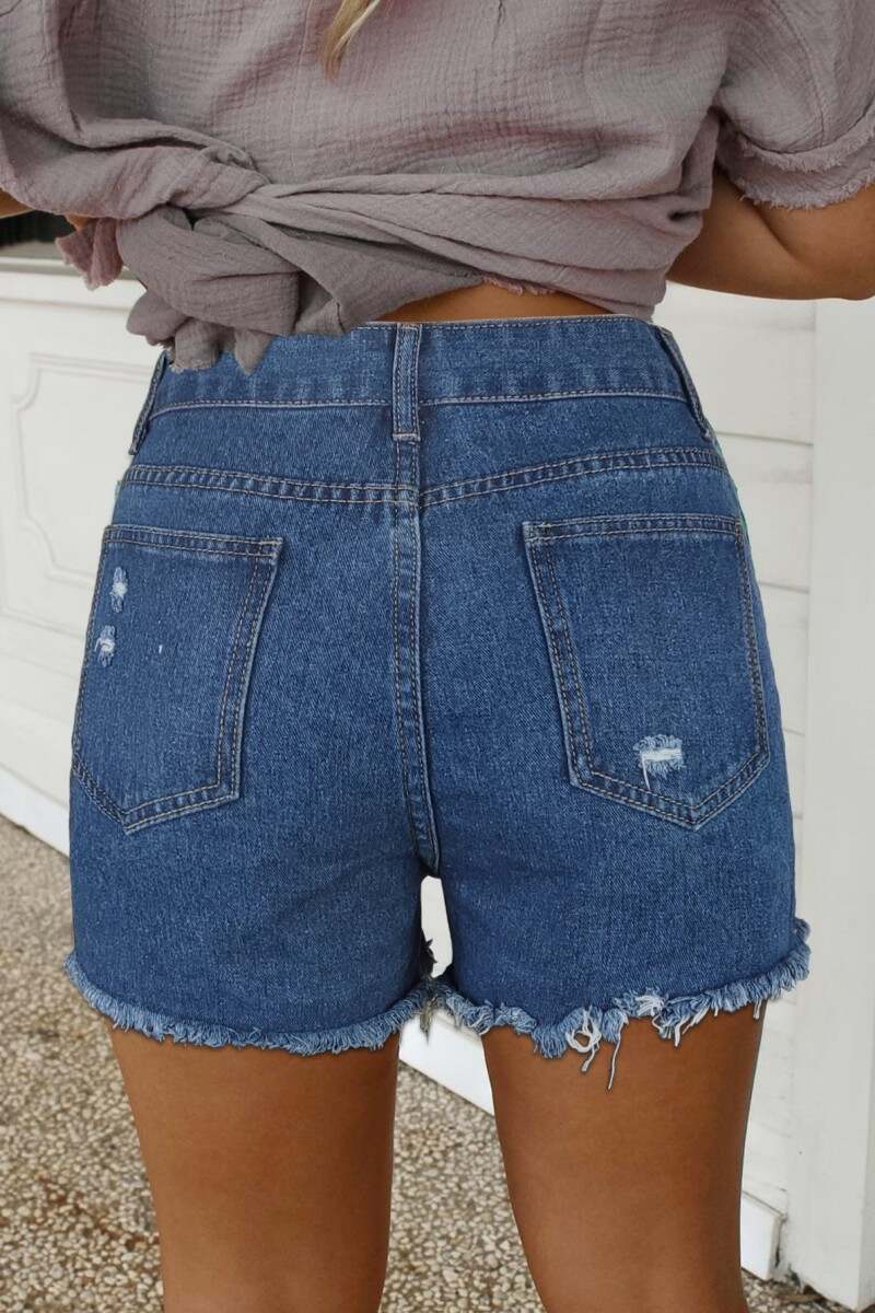 Deep Blue Casual Solid Ripped High Waist Regular Denim Shorts