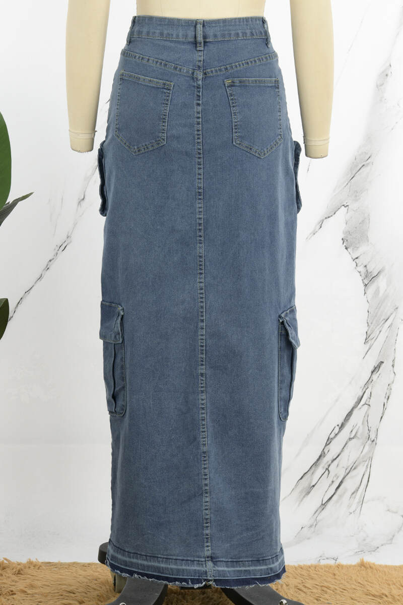 Deep Blue Casual Solid Patchwork Slit High Waist Regular Denim Skirts