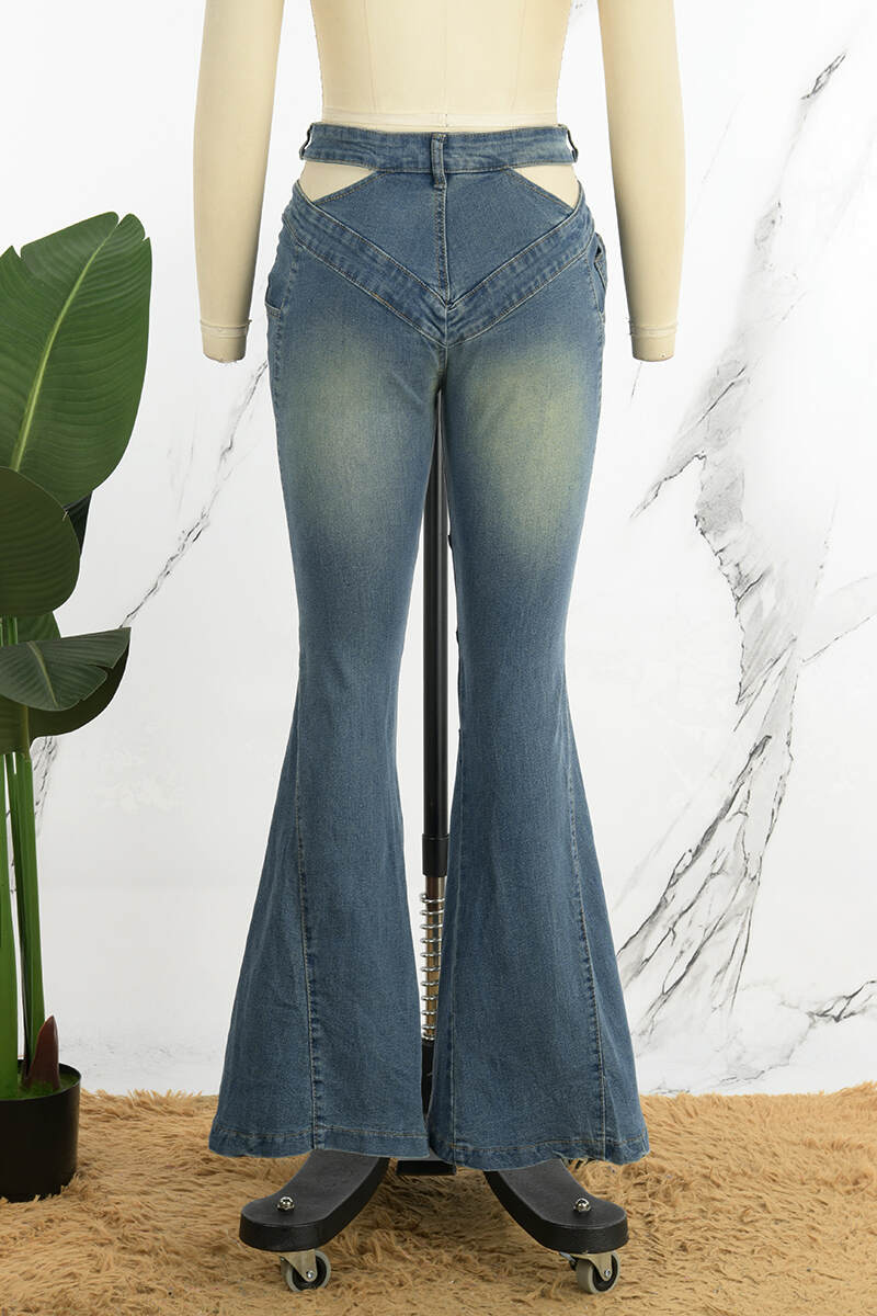 Blue Casual Solid Hollowed Out Make Old Patchwork Buttons Zipper High Waist Boot Cut Denim Jeans