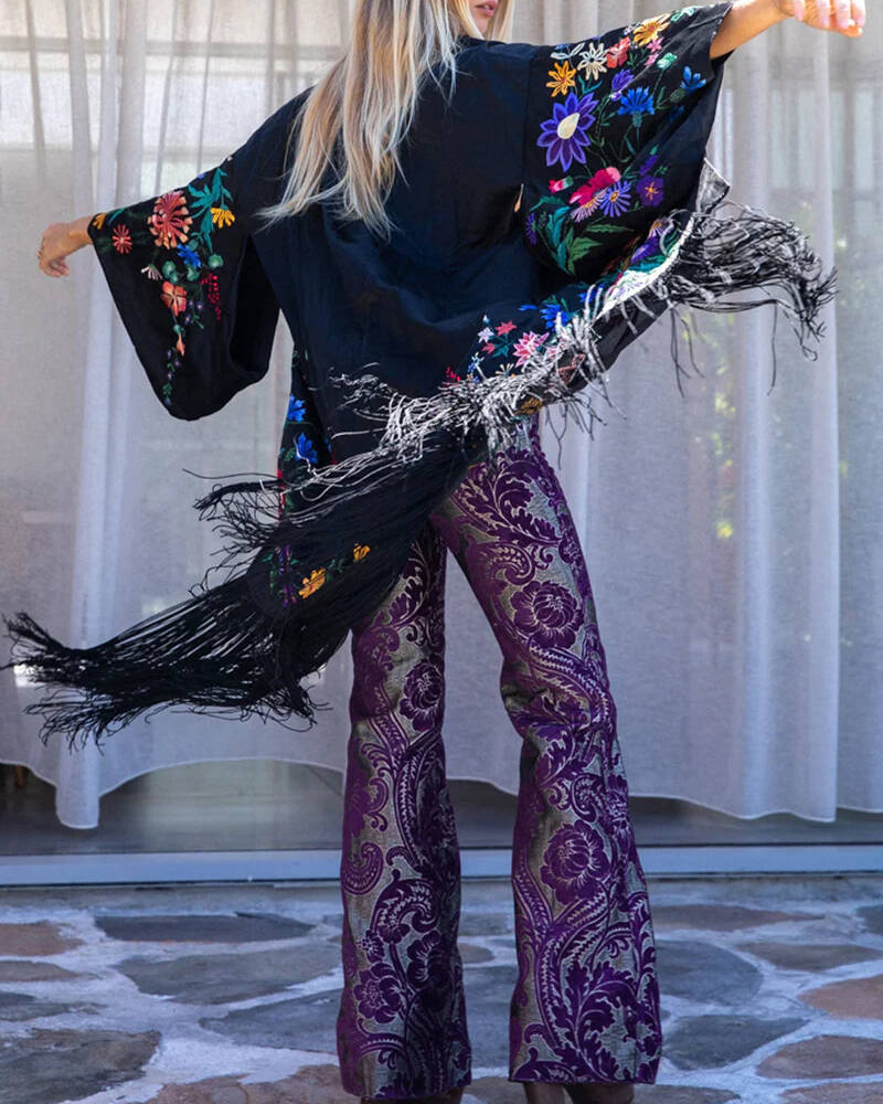 embroidered kimono fringed cardigan