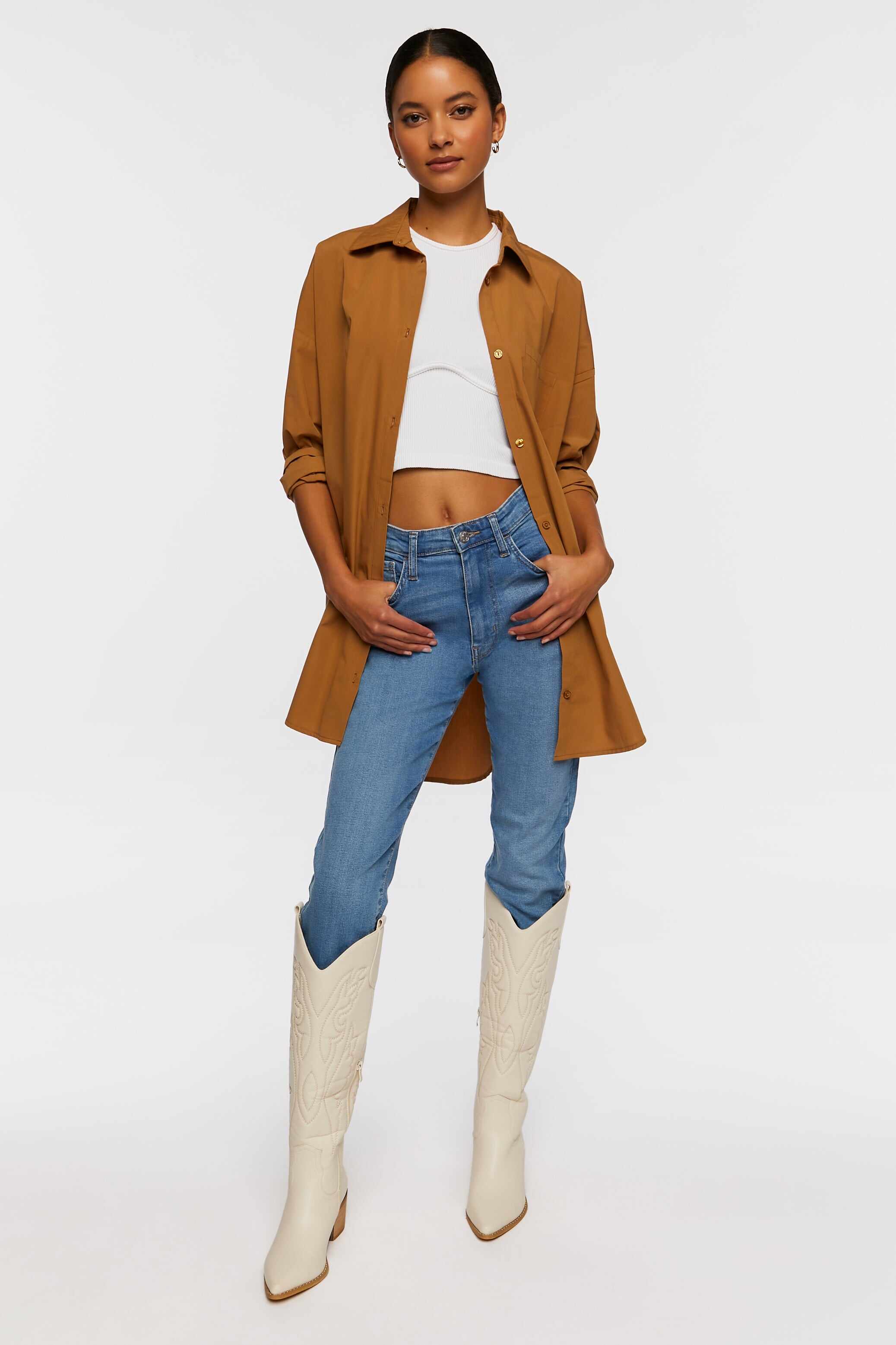 Women Apparel | Oversized Longline Poplin Shirt Dark Brown Forever21 - ZJ71901