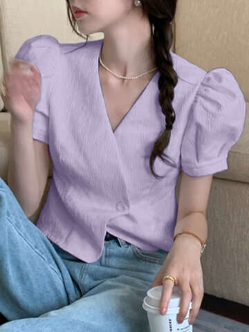 Women Blouses & Shirts | Puff Sleeve V-neck Solid Textured Blouse For Women - GG98656