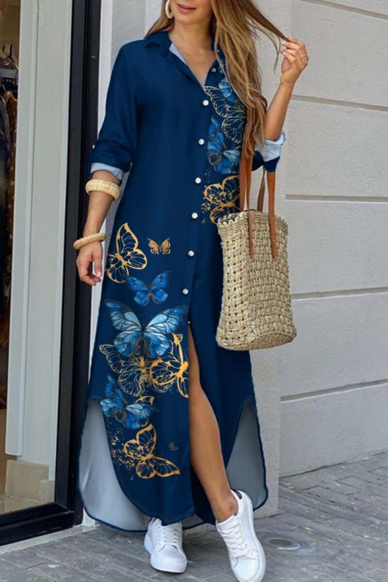 Blue Casual Butterfly Print Patchwork Turndown Collar Shirt Dress Dresses