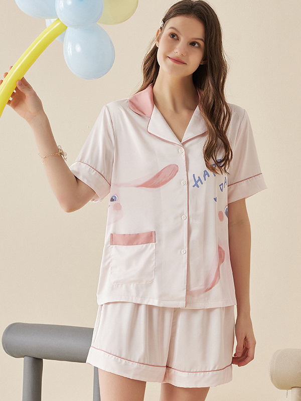 Casual  Painting Party Shawl Collar Short Sleeve Pajama Set