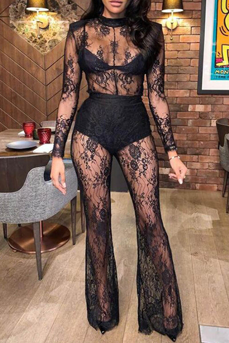 Black Sexy Solid Lace Patchwork O Neck Regular Jumpsuits