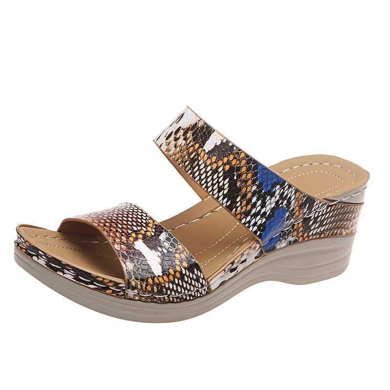 2022 New Leopard Print Leather Wedge Soft Sole Sandals