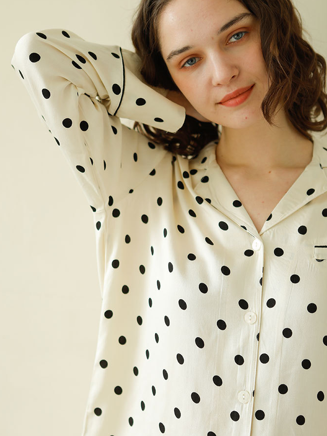 Regular Fit V Neck Polka Dots Elegant Long Sleeve Pajama Set