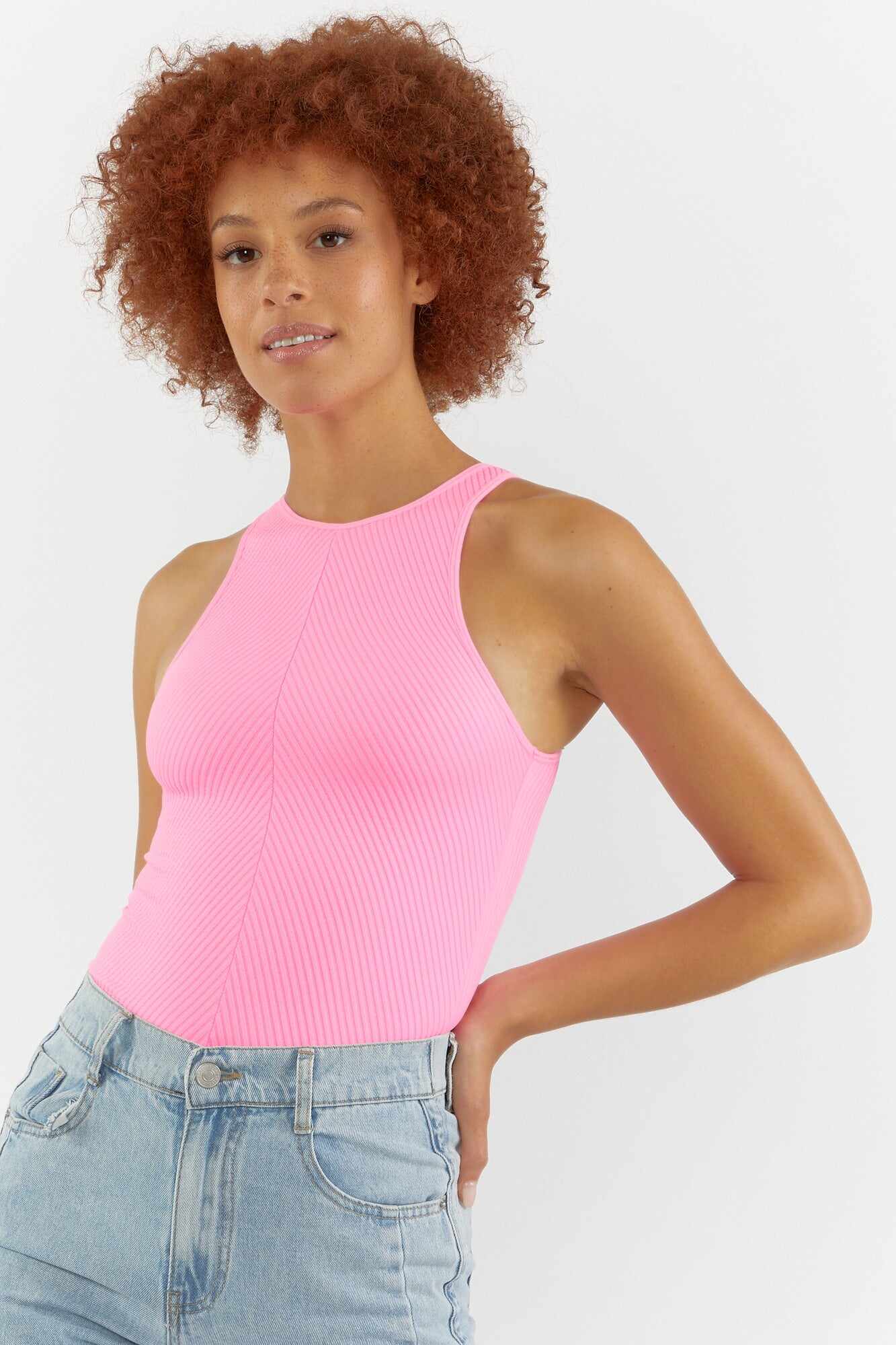 Women Apparel | Racerback Crew Neck Bodysuit Neon Pink Forever21 - FX53673