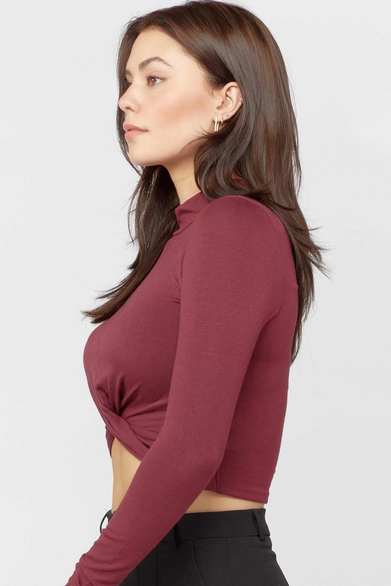 Women Apparel | Mock Neck Twisted-Hem Crop Top Wine Forever21 - PB32552