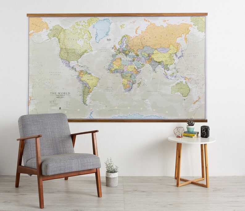 Classic World Map Large Poster Wooden Wall Hanging, Most Detailed Up To Date Vintage Style Map of the World, home decor, wall art