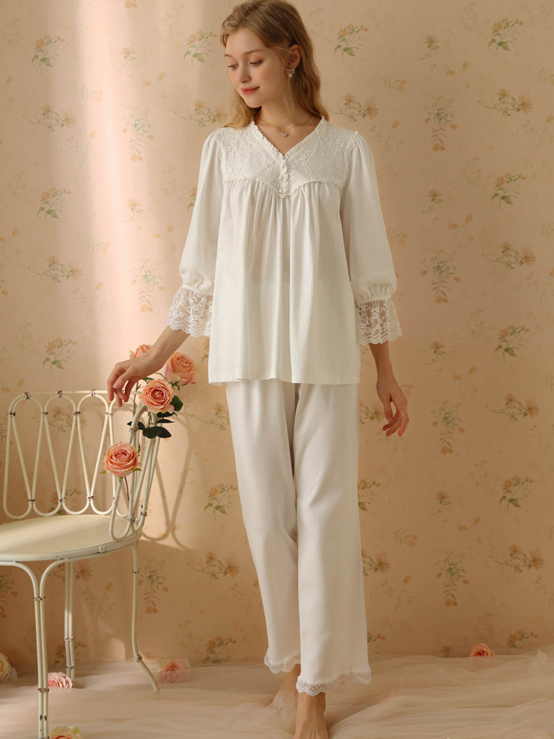 Lace Cotton V Neck Casual  Long Sleeve Pajama Set