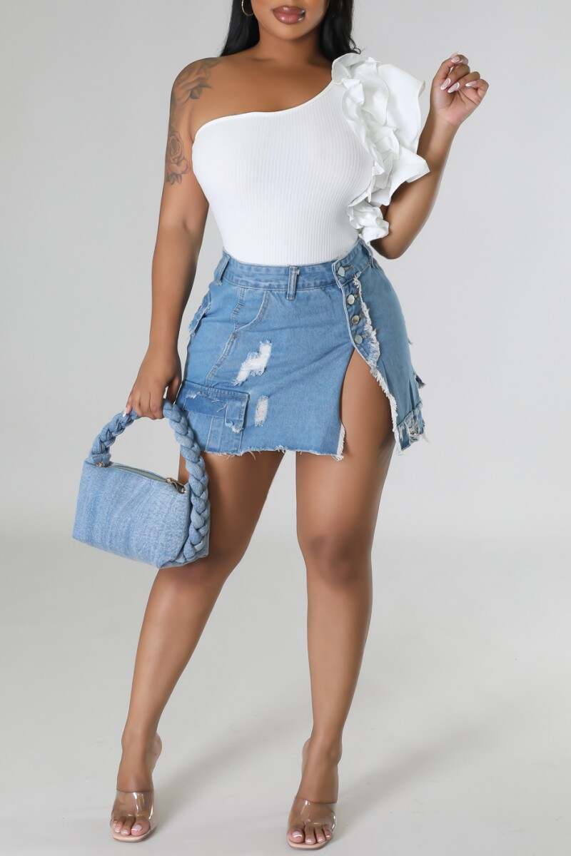 The cowboy blue Casual Solid Ripped Patchwork Slit High Waist Skinny Denim Skirts