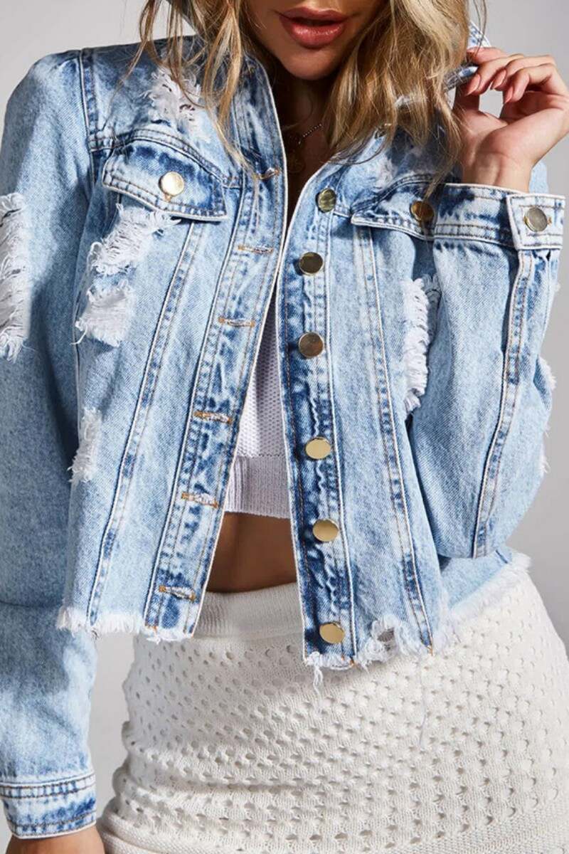 Blue Casual Solid Ripped Turndown Collar Long Sleeve Regular Denim Jacket