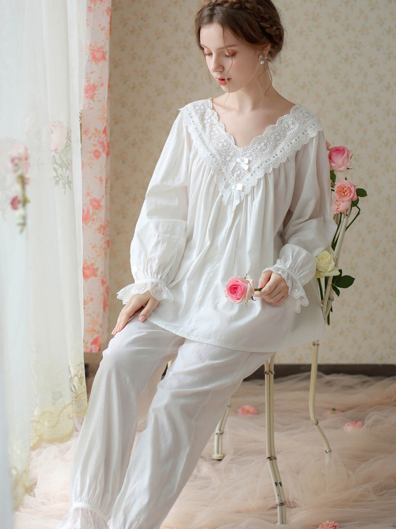 Elegant V Neck Loose Cotton Long Sleeve Pajama Set