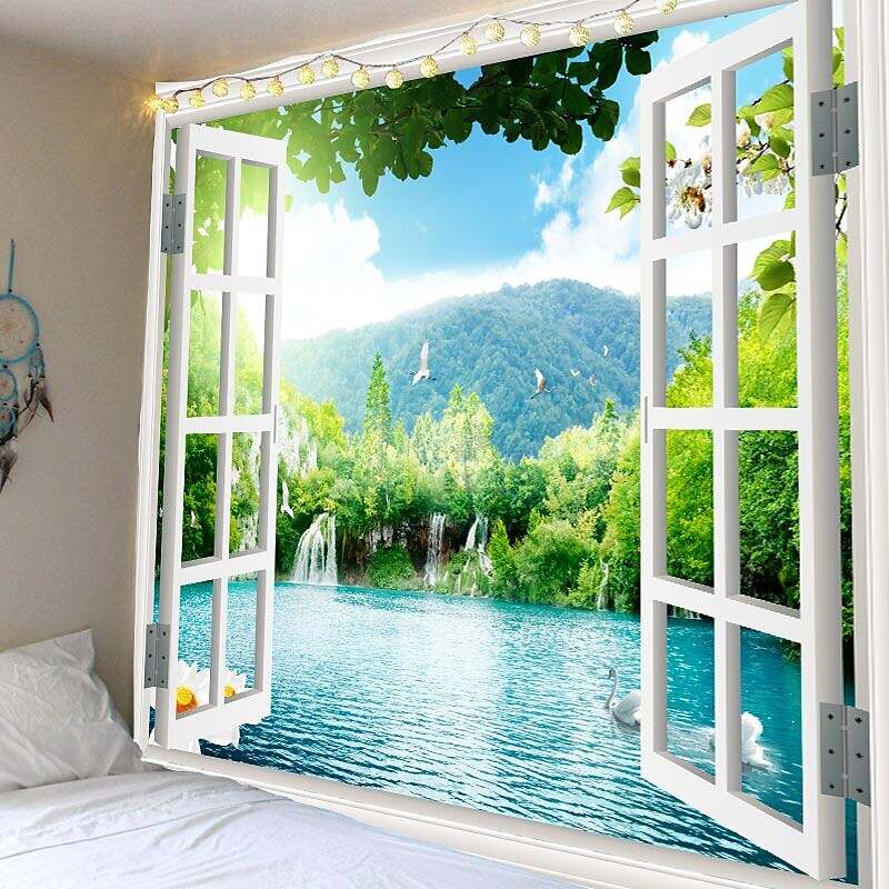 Window Landscape Wall Tapestry Art Decor Lake Rive Forest Mountain