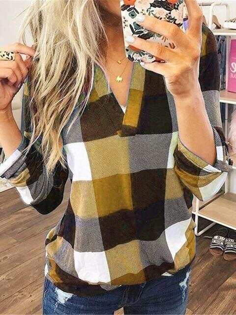 Long Sleeve Plaid Print V-neck Tops