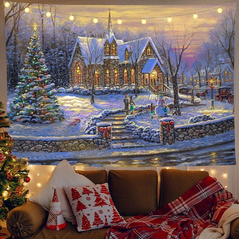 Christmas Decor LED Lights Wall Tapestry Santa Claus Christmas Tree Print