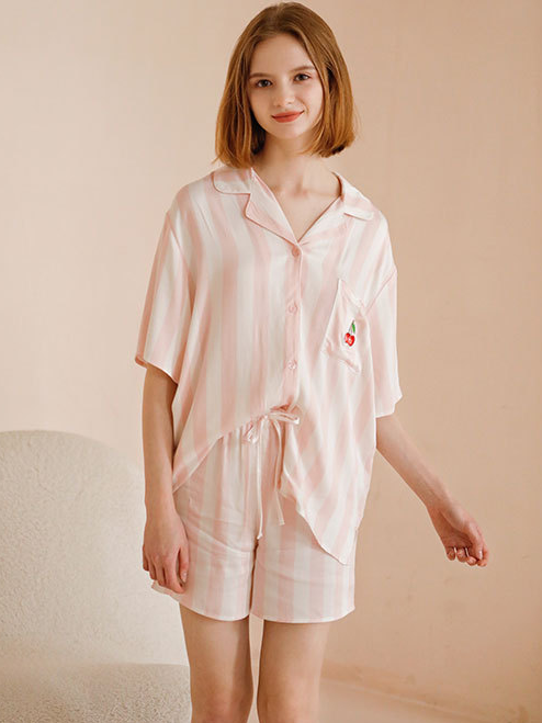 Fruit Shawl Collar Simple Loose Short Sleeve Pajama Set