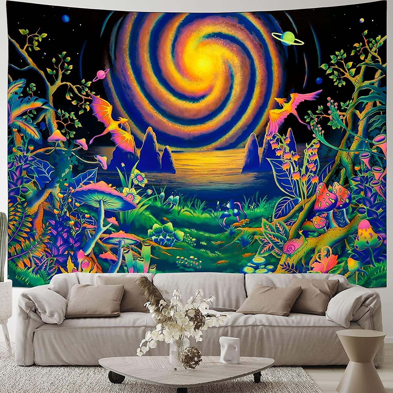 Blacklight Tapestry UV Reactive Trippy Wonderland Misty Mushroom Forest