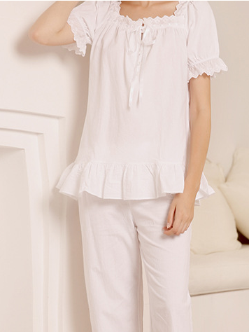 Cotton Casual Lace Loose Short Sleeve Pajama Set