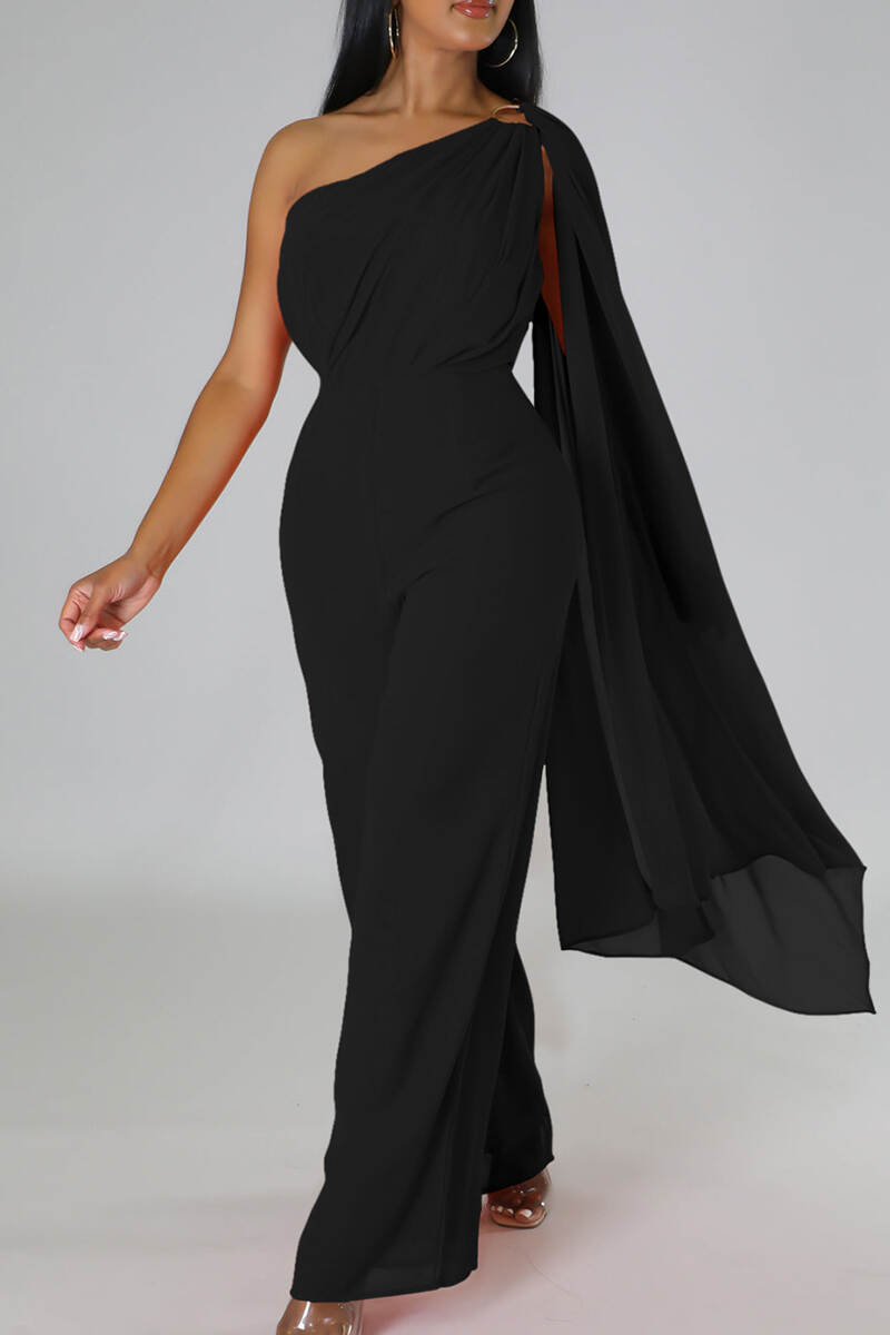 Black Elegant Solid Patchwork One Shoulder Loose Jumpsuits