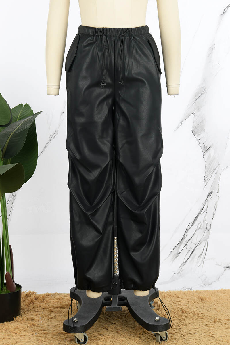 Black Street Solid Patchwork Draw String Pocket Straight Mid Waist Straight Solid Color Bottoms