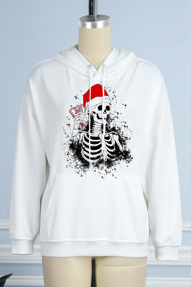 White Casual Street Print Skull Draw String Hooded Collar Tops