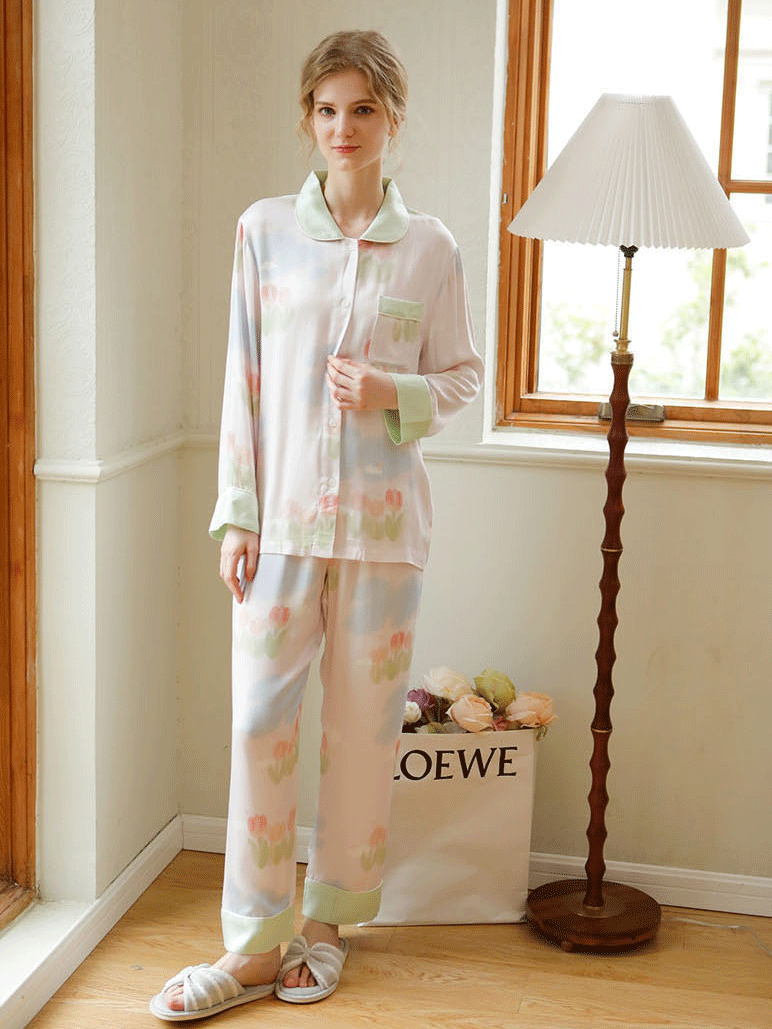 Simple Floral Loose Shawl Collar Long Sleeve Pajama Set