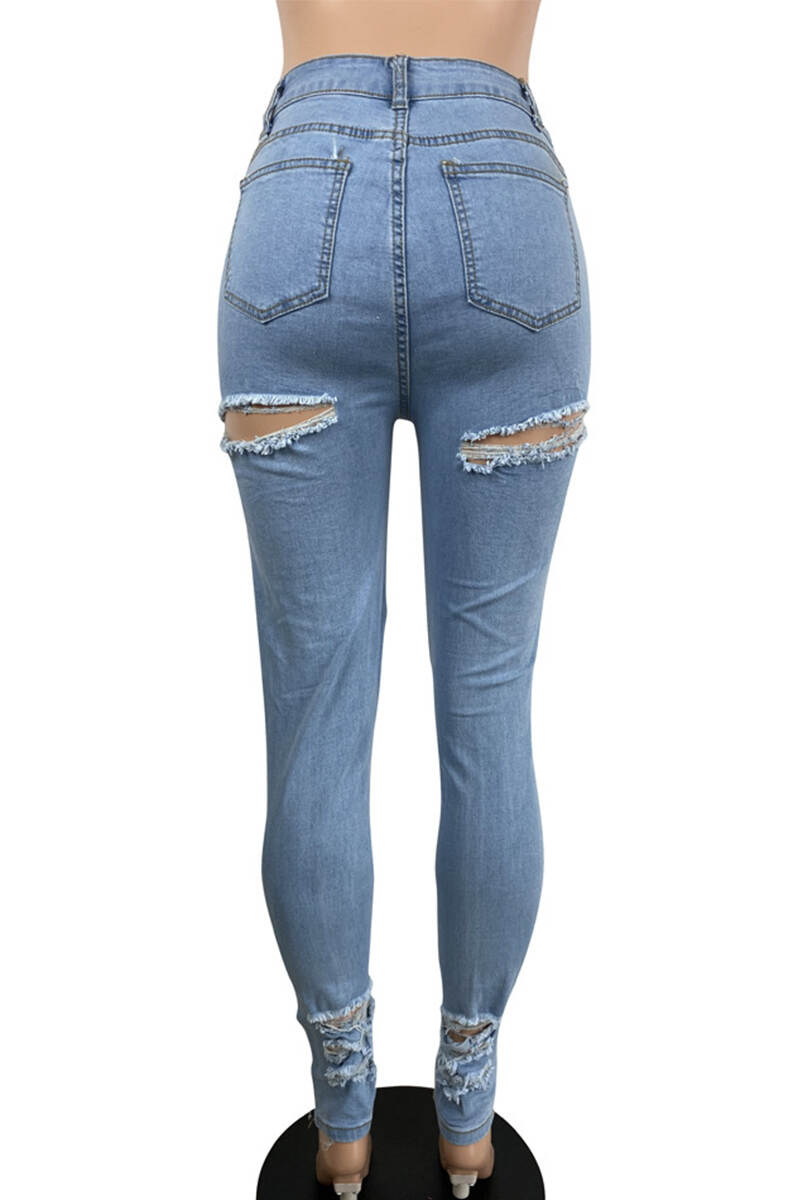 Light Blue Casual Solid Hollowed Out Patchwork Pocket Buttons Zipper Mid Waist Regular Denim Jeans