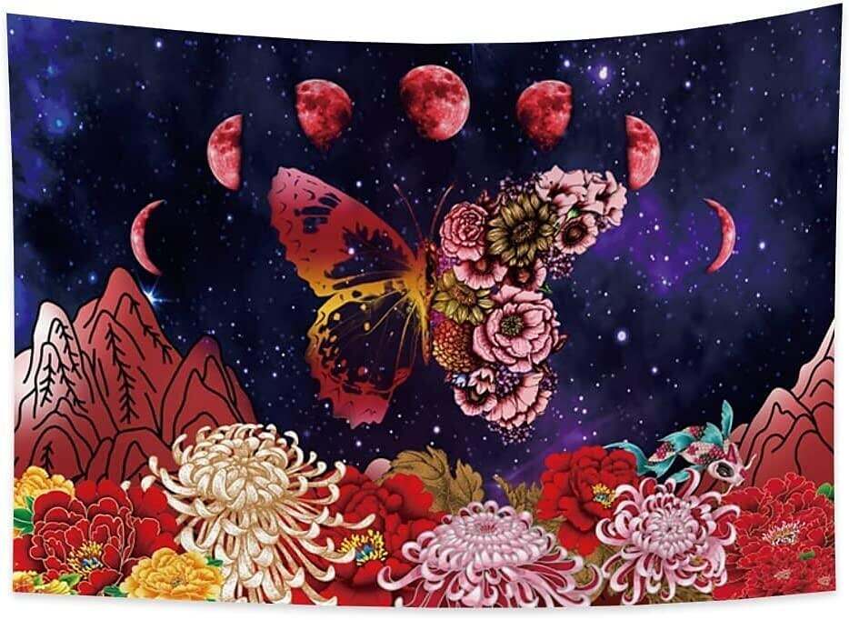 Trippy Wall Tapestry Art Decor Moon Phase Butterfly Flower Wall Hanging