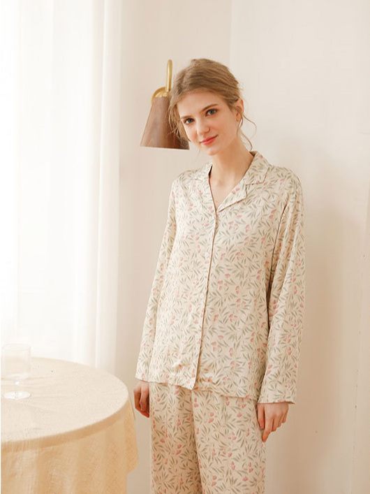 Loose V Neck Casual Floral Long Sleeve Pajama Set